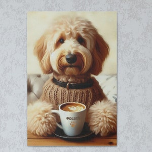Goldendoodle Dog Sipping Coffee Canvas, Custom Name, Doodle Dog Art, Perfect Dog Person, Dog Lover, Doodle Gift, Personalized Goldendoodle