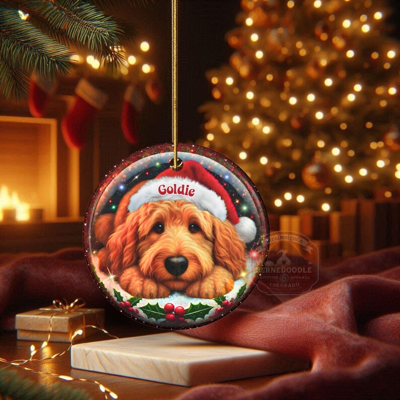 Ceramic golden doodle goldendoodle doodle dog ornament with impressive snow globe style design on both sides.  Excellent doodle mom gift.  Goldendoodle holiday heirloom gift and Christmas Tree Ornament!