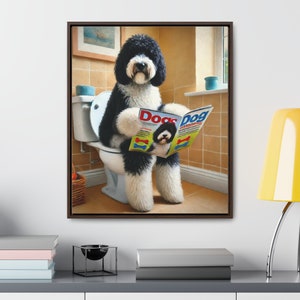 Sheepadoodle Sitting On Toilet Portrait Framed Canvas, Toilet Wall Art, Funny Doodle Bathroom Wall Art, Dog Person Gift, Doodle Dad Gift image 2