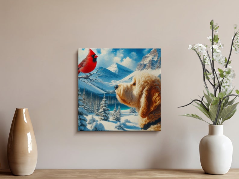 Goldendoodle Dog and Cardinal Art, Choose Canvas or Poster, Dogs and Red Cardinal, white Goldendoodle, Pet Person Gift, Doodle Mom Dad Gifts