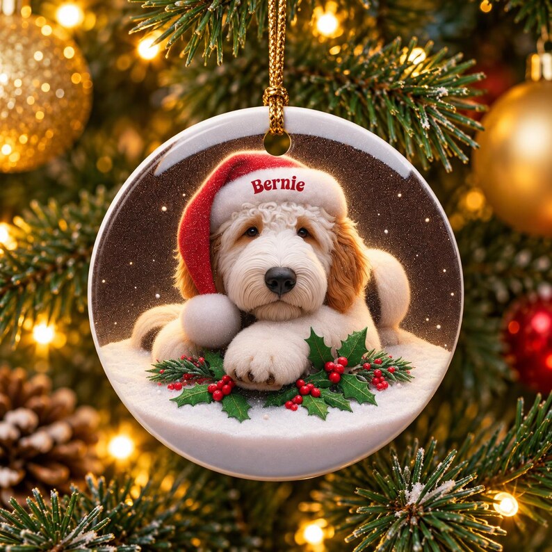 May include: A round white ceramic Christmas ornament featuring a fluffy cream and tan dog wearing a red Santa hat with the name Bernie printed on the brim. The dog rests on a snowy surface decorated with green holly leaves and red berries.