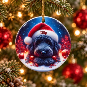 May include: A round ceramic Christmas ornament featuring a black dog wearing a red and white Santa hat with the name Tilly printed on the brim. The dog is surrounded by red berries and ornaments against a dark blue, starry background.