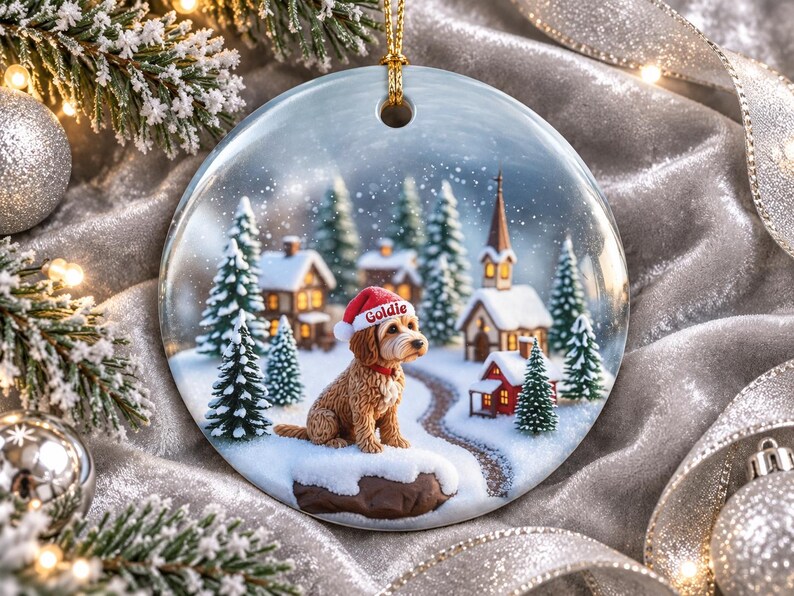 May include: A round ceramic Christmas ornament featuring a golden-brown dog wearing a red Santa hat with the name Goldie printed on the brim. The scene depicts a snowy village with pine trees, small houses, and a church under a light snowfall.