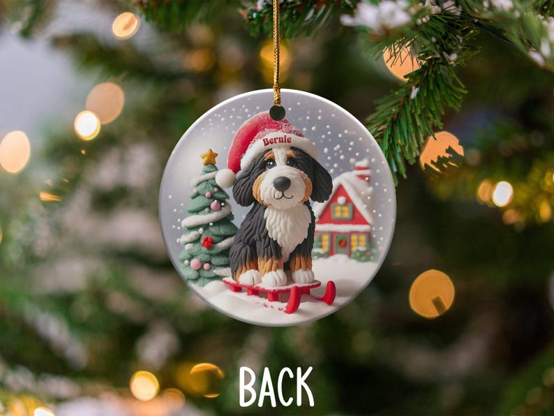 Bernedoodle-ornament, sneeuwbol-stijl met slee-ontwerp | Sublimatiekeramiek | 7,6 cm glanzend aandenken, dubbelzijdige kerstdecoratie afbeelding 5