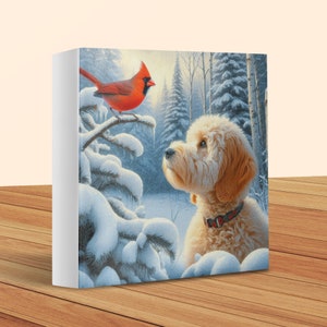 Goldendoodle Dog and Cardinal Art, Choose Canvas or Poster, Dogs and Red Cardinal, white Goldendoodle, Pet Person Gift, Doodle Mom Dad Gifts