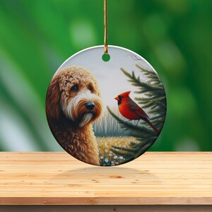Cardinal and Doodle Dog Ceramic Ornament, Oil Paint Style Design, Cardinal Lovers Gift, Mothers Day, Bird Lovers, Custom Crafted Design Gift