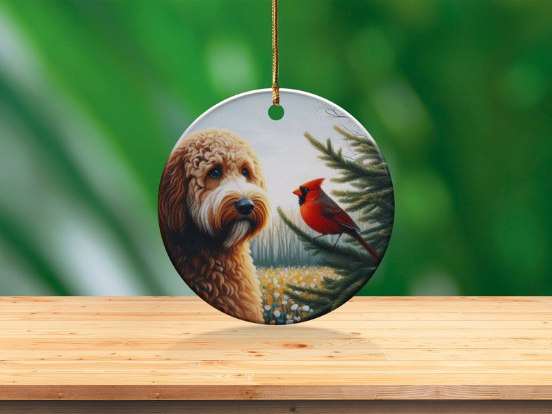 Cardinal and Doodle Dog Ceramic Ornament, Oil Paint Style Design, Cardinal Lovers Gift, Mothers Day, Bird Lovers, Custom Crafted Design Gift