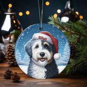 Merle Bernedoodle Ceramic Ornament, showcasing stunning blue eyes. Personalized ornament with your dogs name