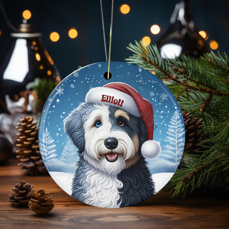 Merle Bernedoodle Ceramic Ornament, showcasing stunning blue eyes. Personalized ornament with your dogs name
