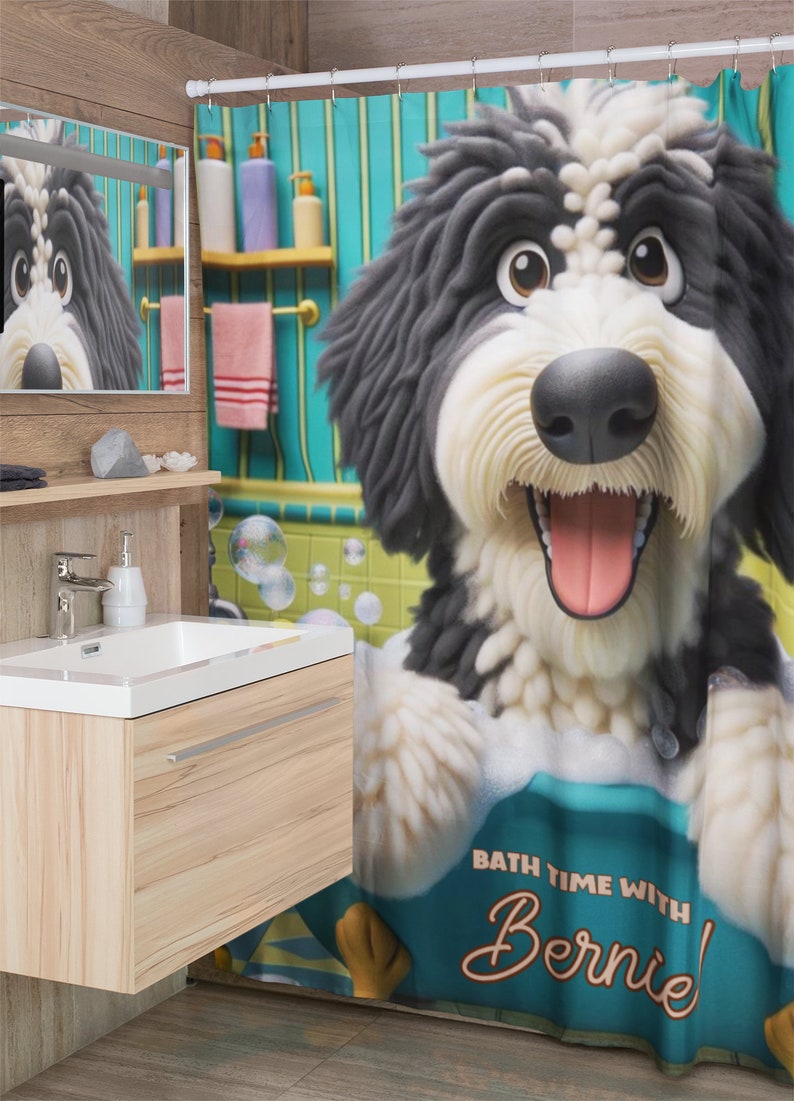 Bernedoodle shower curtain, personalized bath decor, custom dog curtain, pet name bathroom, durable polyester curtain, one-sided print decor, unique dog gift, cute bathroom accessory, dog lover home decor,bernedoodle bath, customizable shower curtain