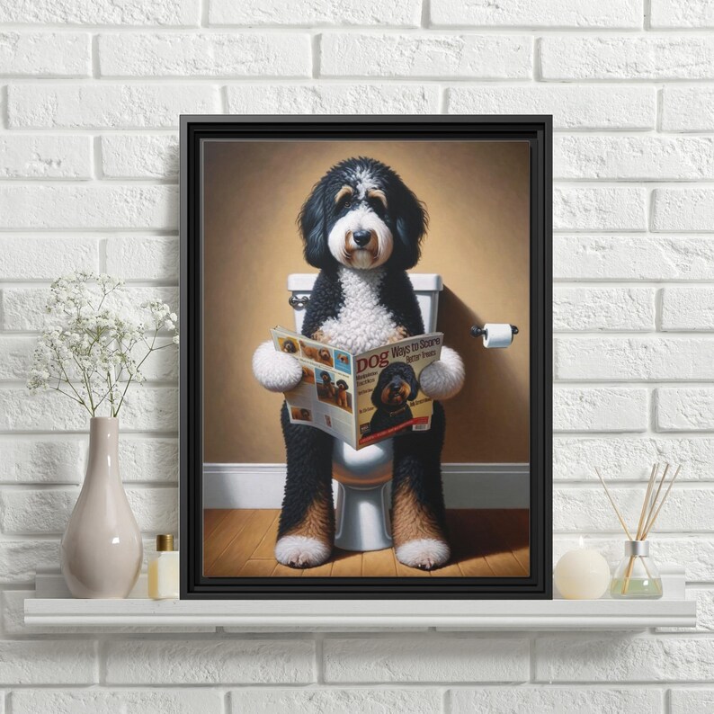 Framed Bernedoodle Toilet Portrait - Dog Reading Magazine, Bathroom Wall Art image 12