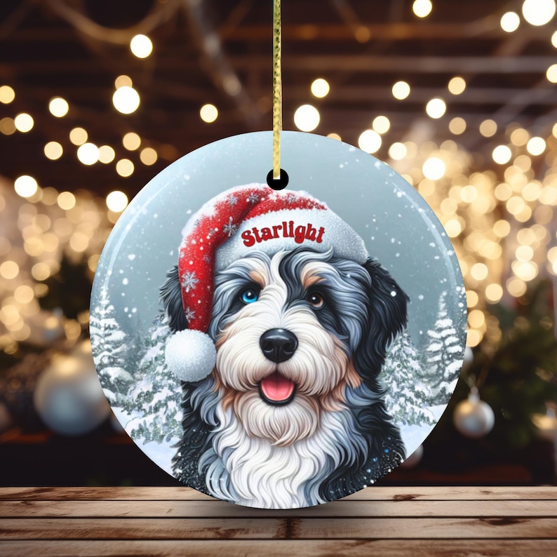 Merle Bernedoodle Ceramic Ornament, showcasing stunning blue and brown eyes. Personalized ornament with your dogs name