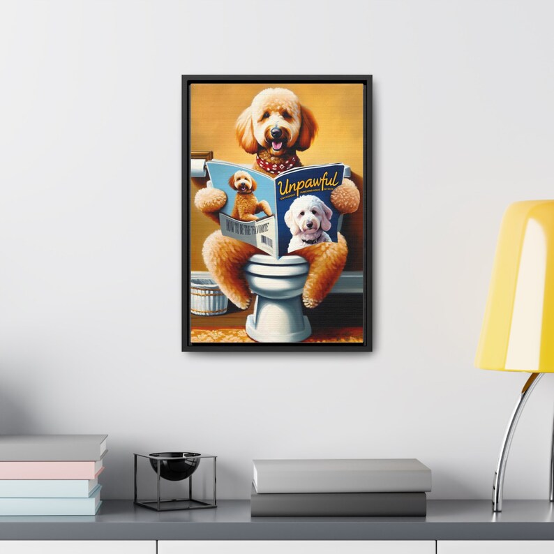 Goldendoodle Toilet Pet Portrait, Dog Reading Magazine, funny dog portrait, guest bathroom wall art, labradoodle lover gift, pet lover image 2