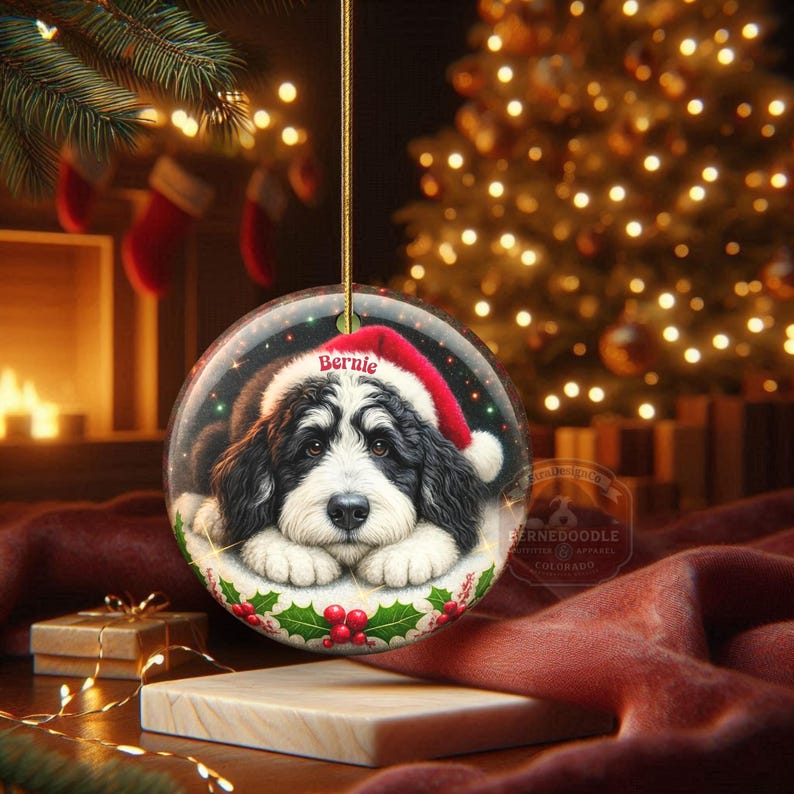 May include: A clear, round Christmas ornament featuring a black and white Bernedoodle dog wearing a Santa hat. The dog's name, "Bernie," is printed on the hat. The ornament is decorated with holly and berries.