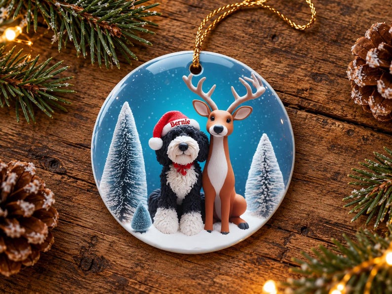May include: A round ceramic Christmas ornament featuring a black and white dog wearing a red Santa hat with the name Bernie printed on it, sitting next to a brown deer in a snowy forest with pine trees under a blue sky.