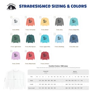May include: A product image displays a variety of crewneck sweatshirts in different colors, including white, terracotta, and grey. Each sweatshirt features a graphic of a dog. The image also includes a size chart with measurements in inches.