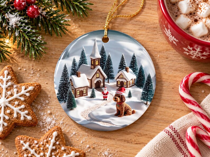 May include: A round ceramic Christmas ornament featuring a snowy village scene with a church, houses, pine trees, a small Santa Claus figure, and a brown dog wearing a red Santa hat with the name Goldie printed on the brim.