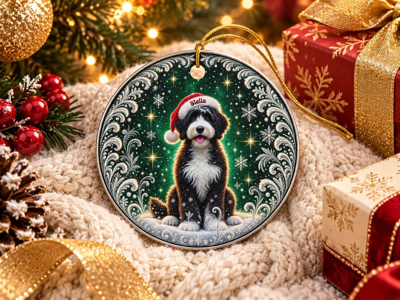 May include: A round ceramic Christmas ornament featuring a black and white dog wearing a red Santa hat with the name Stella printed on the brim. The dog is centered against a dark green background with white snowflakes and ornate silver scrollwork.