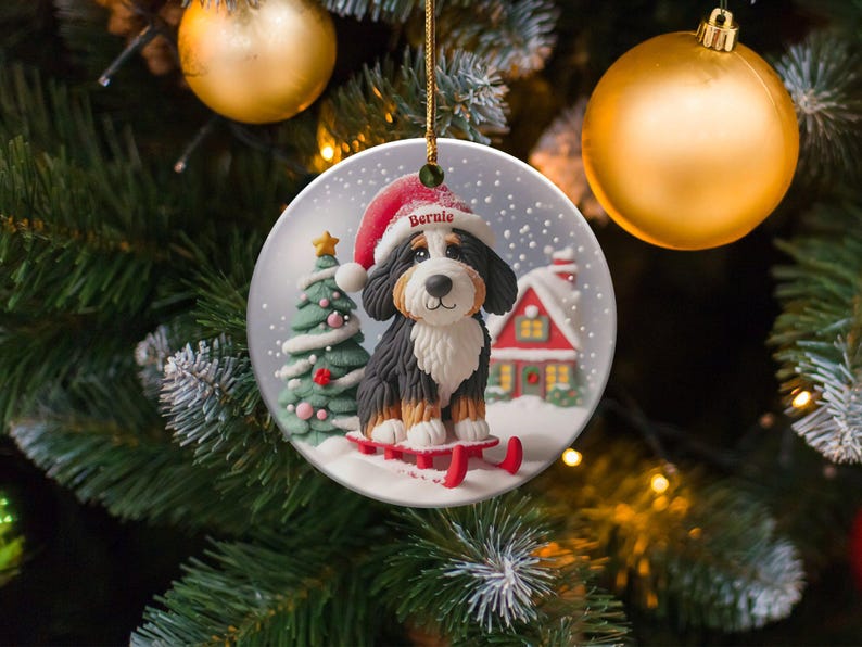 Bernedoodle-ornament, sneeuwbol-stijl met slee-ontwerp | Sublimatiekeramiek | 7,6 cm glanzend aandenken, dubbelzijdige kerstdecoratie afbeelding 3