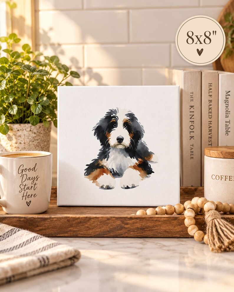 Puede incluir: Un lienzo cuadrado blanco con una ilustraci&oacute;n en acuarela de un cachorro de boyero de Berna con pelaje negro, blanco y marr&oacute;n. El lienzo tiene la etiqueta 8x8 pulgadas en la esquina superior derecha, lo que indica sus dimensiones.