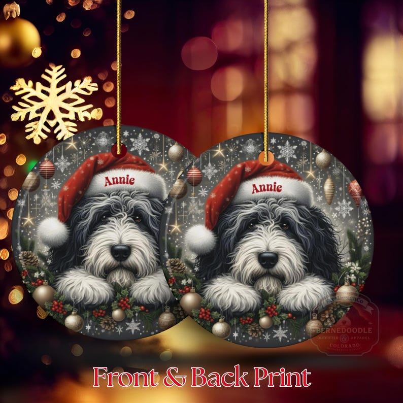 Lover Gift Ceramic, Personalized Sheepadoodle Ornament - Sublimation Print | Double-Sided Artwork | Snowy Winter Keepsake image 13