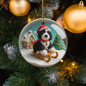 Dog Sled Snowglobe, Custom Bernedoodle Ornament | Ceramic | Double-Sided Sublimation Print, Holiday Tree Charm, 3 Inch immagine 10
