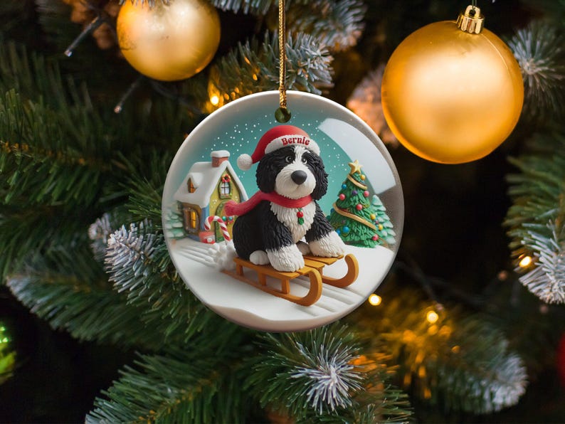 Dog Sled Snowglobe, Custom Bernedoodle Ornament | Ceramic | Double-Sided Sublimation Print, Holiday Tree Charm, 3 Inch immagine 10