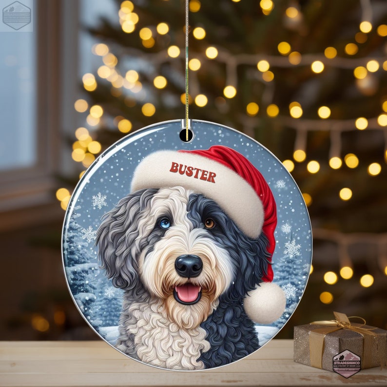 Merle Bernedoodle Ceramic Ornament, showcasing stunning blue eyes. Personalized ornament with your dogs name