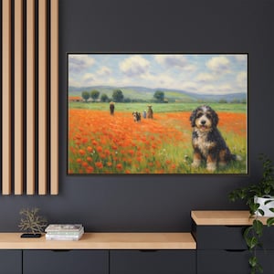 Bernedoodle Classic in un campo di papaveri - Tela incorniciata immagine 1