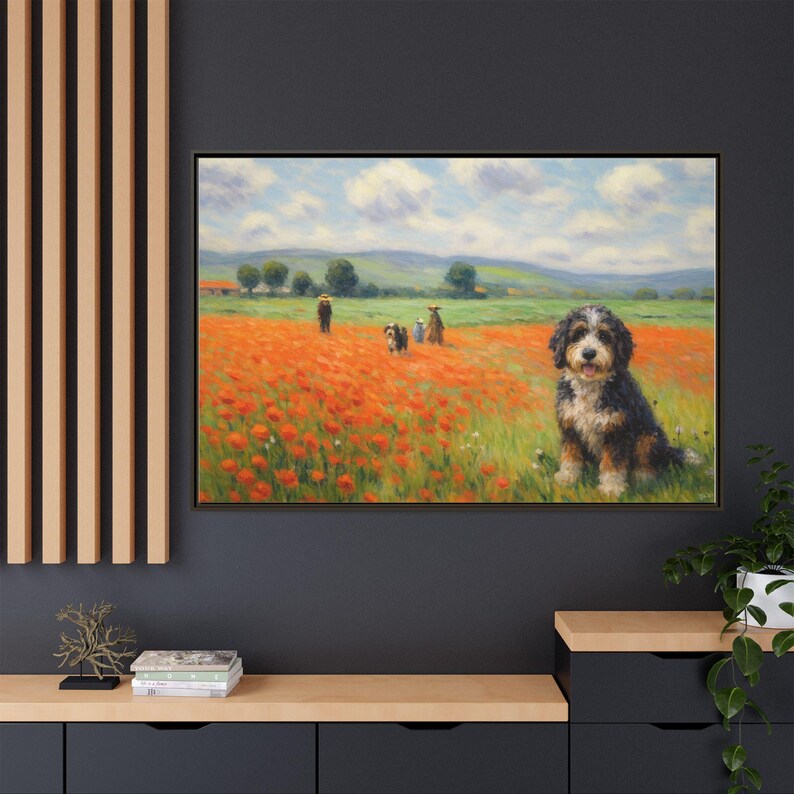 Bernedoodle Classic in un campo di papaveri - Tela incorniciata immagine 1