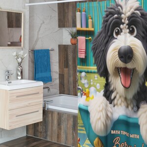Bernedoodle shower curtain, personalized bath decor, custom dog curtain, pet name bathroom, durable polyester curtain, one-sided print decor, unique dog gift, cute bathroom accessory, dog lover home decor,bernedoodle bath, customizable shower curtain