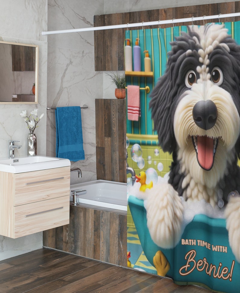 Bernedoodle shower curtain, personalized bath decor, custom dog curtain, pet name bathroom, durable polyester curtain, one-sided print decor, unique dog gift, cute bathroom accessory, dog lover home decor,bernedoodle bath, customizable shower curtain