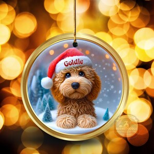 Goldendoodle ceramic 3 inch ornament in vibrant color and claymation style design.  Full gloss and printed on both sides.  It's hung with a gold string.