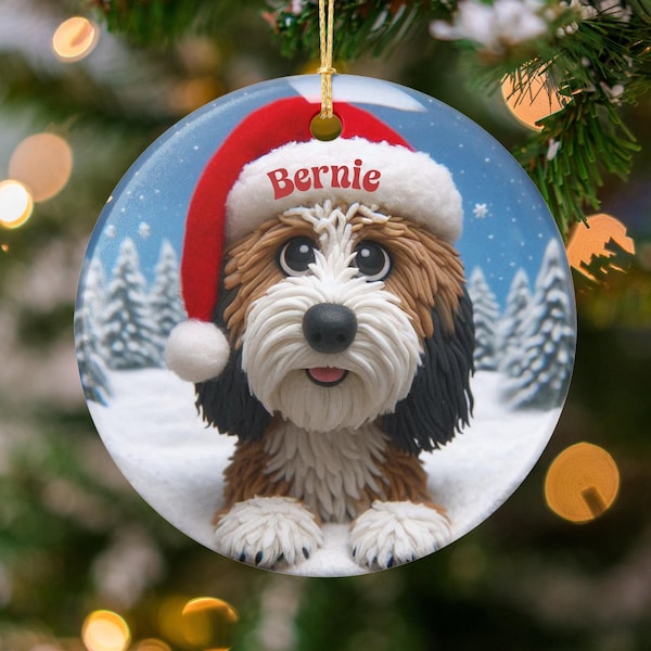 Bernedoodle Santa Ornament, Sublimation Printed Ceramic | Double Sided Print | Personalized Holiday Keepsake