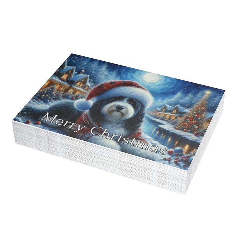Merry Christmas dog greeting cards, holiday cards with festive dog, Christmas village scene cards, cute dog Christmas cards