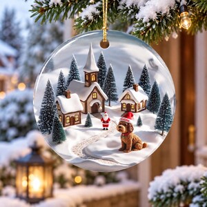 May include: A round, clear glass Christmas ornament featuring a printed winter village scene with snow-covered houses, a church, evergreen trees, a small Santa Claus figure, and a brown dog wearing a red hat with the name Goldie printed on it.