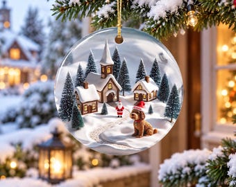 Personalized Goldendoodle Snow Globe Themed Ceramic Ornament Design is Printed on Both Sides