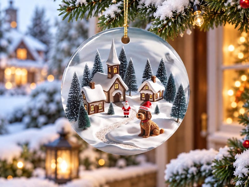 May include: A round, clear glass Christmas ornament featuring a printed winter village scene with snow-covered houses, a church, evergreen trees, a small Santa Claus figure, and a brown dog wearing a red hat with the name Goldie printed on it.