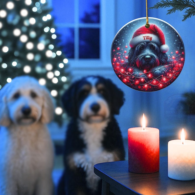 Personalized Black Doodle Ornament, Santa Hat Keepsake - Sublimation Ceramic Dog Gift | Two Sided Decoration | 3 Inch Christmas Keepsake image 11