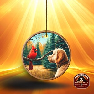 Ornamento de cerâmica com cardeal e cachorro Goldendoodle, estilo pintura a óleo. imagem 7