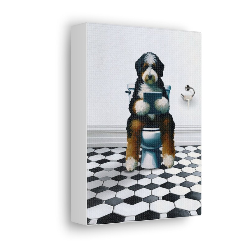 Bernedoodle Dog On Toilet, Dog Reading Tablet Bathroom, Dog Dad Art Gift, Funny Guest Bathroom Art, Dog Picture, Dog Wall Art, Doodle Gift image 8