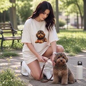 A woman kneeling down next to a small dog in a park, with a water bottle nearby.
