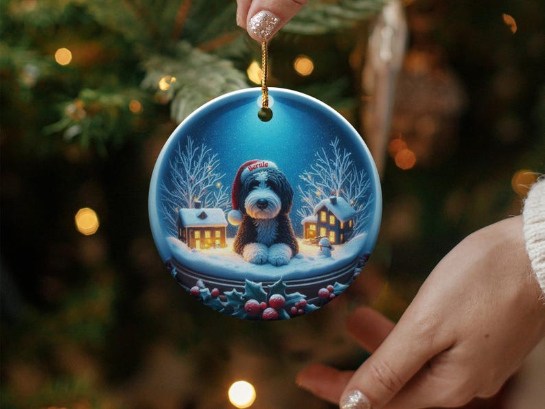 Christmas Dog Ornament, Christmas Tree Decoration, Holiday Pet Ornament, Cute Puppy Ornament, Winter Scene Ornament