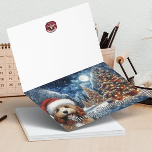 Merry Christmas card with cute dog in Santa hat, holiday greetings card, festive Christmas stationery, dog lovers Christmas card