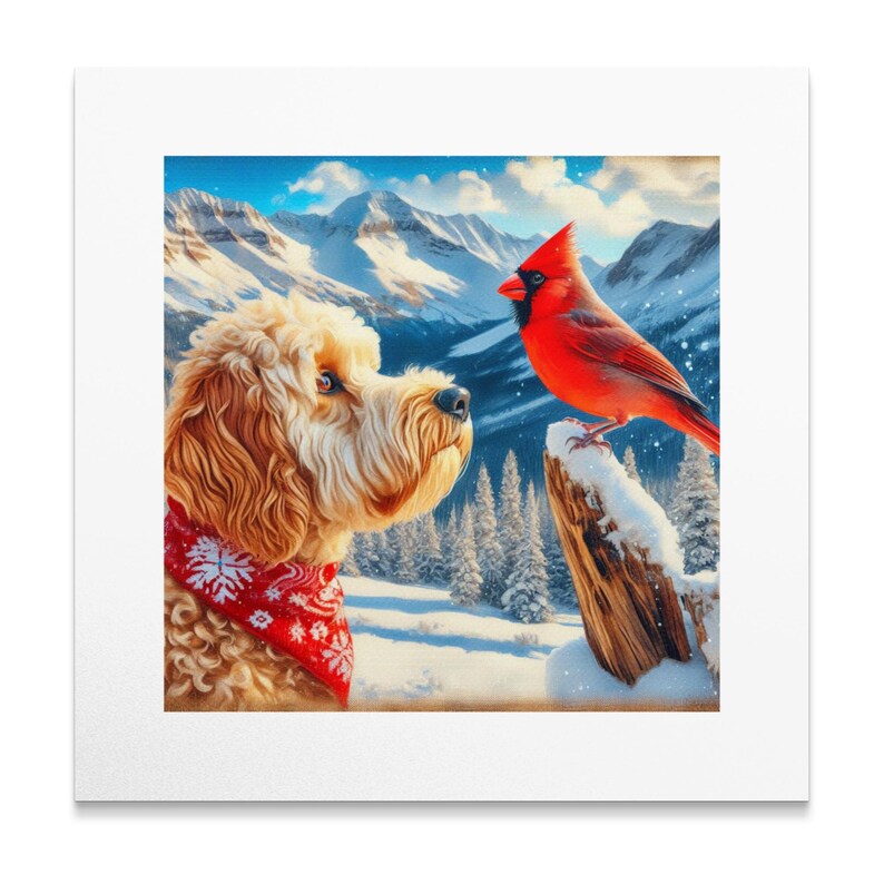 Doodle Dog and Cardinal Art Canvas, Pet Lover Gift image 8