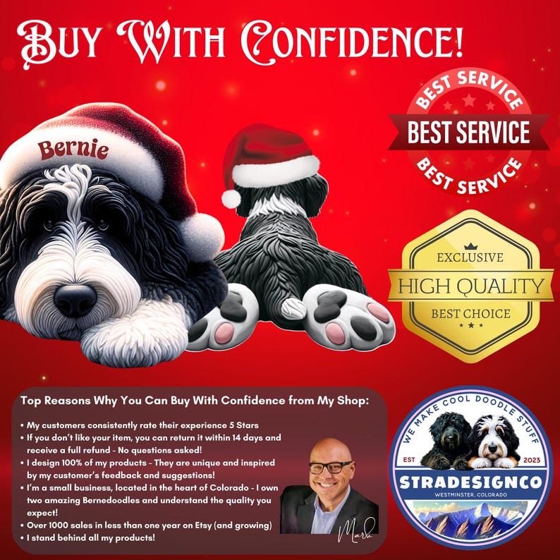 May include: A festive image featuring two Bernedoodle dogs wearing Santa hats against a red background. The text "Buy With Confidence" is at the top. The image also includes badges for "Best Service" and "High Quality".