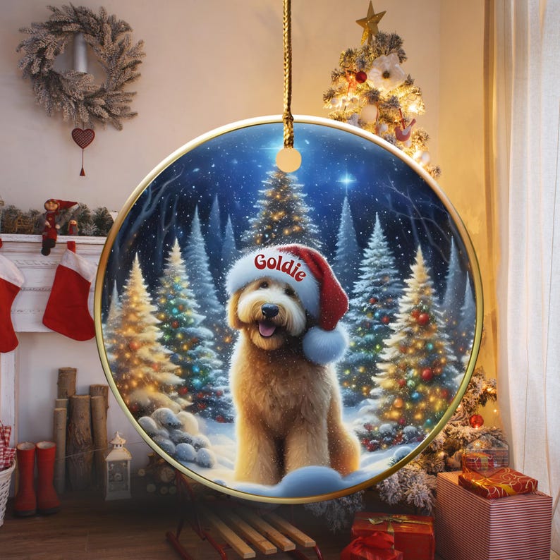 May include: A round Christmas ornament with a gold rim, featuring a golden doodle wearing a Santa hat with the name "Goldie". The background shows a snowy forest scene with Christmas trees. A festive holiday decoration.