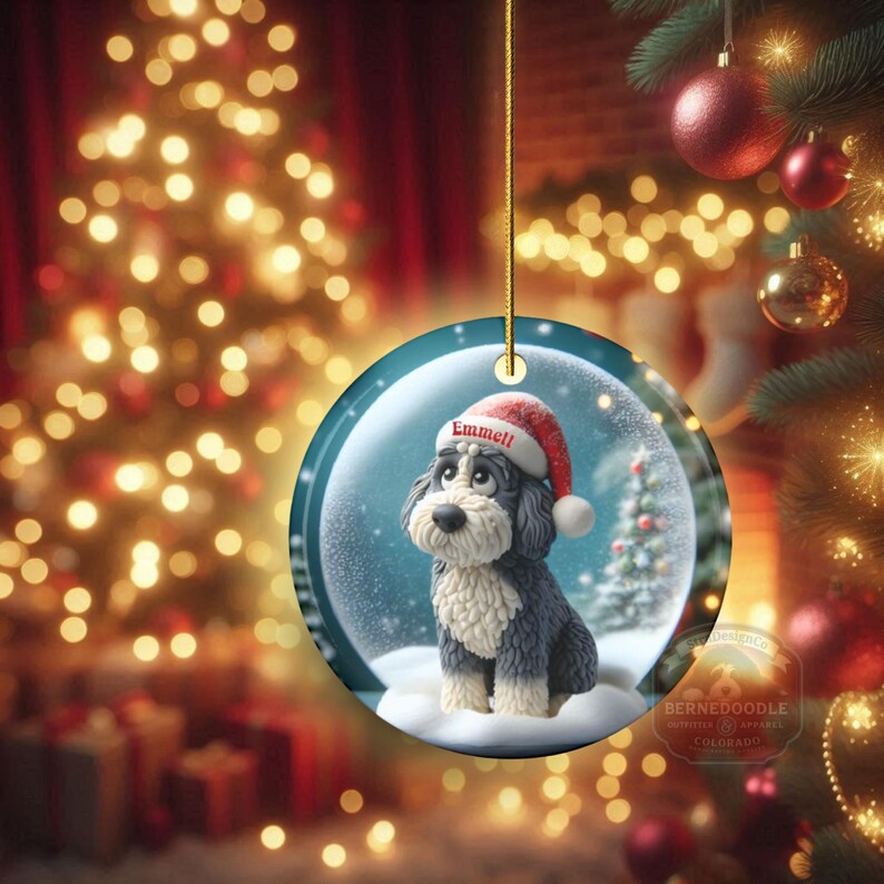 Sheepadoodle Dog Christmas Ornament, Festive Snow Scene Decor | Ceramic | Sublimation Two-Sided Keepsake image 9