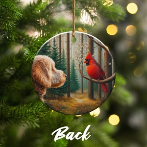 Cardinal and Goldendoodle Ceramic Ornament, Stained Glass Design, Cardinal gift, Mothers Day Gift, Bird Lovers Gift, Custom stained glass look, cardinal
