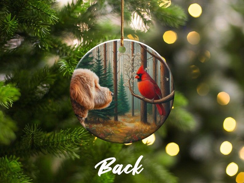 Cardinal and Goldendoodle Ceramic Ornament, Stained Glass Design, Cardinal gift, Mothers Day Gift, Bird Lovers Gift, Custom stained glass look, cardinal